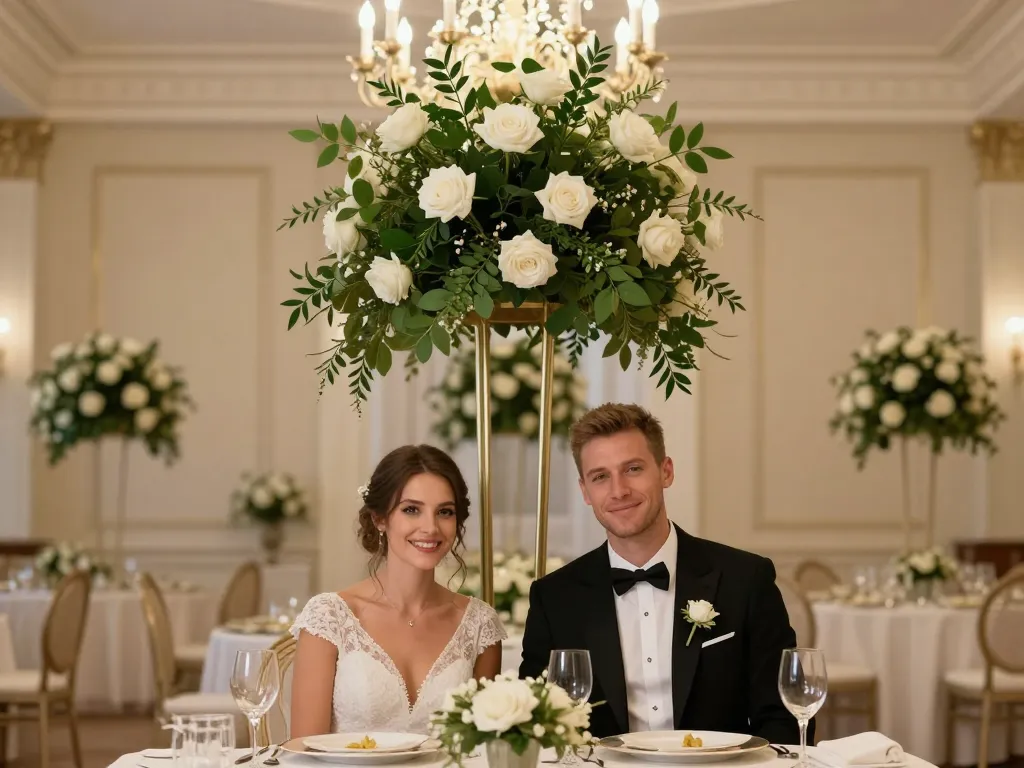 Un lustre floral majestueux décorant une salle de réception de mariage élégante au-dessus des mariés.
