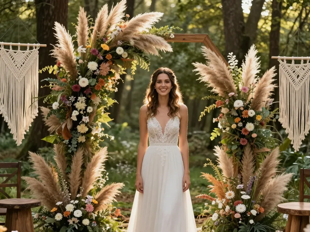 Mariée souriante nommée Léa devant une arche fleurie en herbe de la pampa et décorations bohèmes en pleine nature.