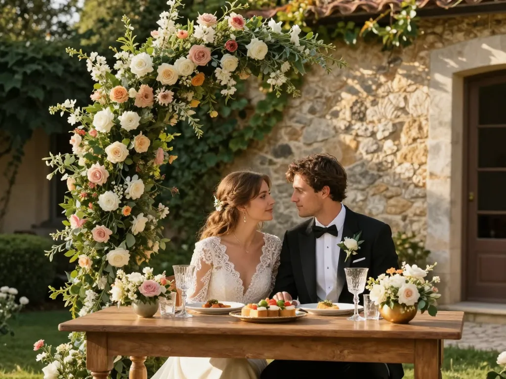 Couple de mariés souriant devant une arche fleurie lors d'une réception de mariage champêtre chic dans le jardin d'un domaine.