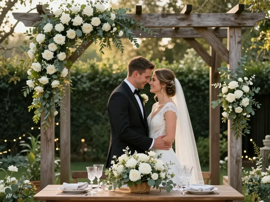 Couple de mariés élégants lors d'une réception de mariage champêtre chic sous une pergola fleurie de roses blanches.