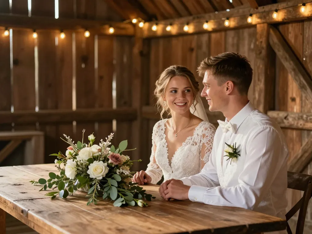 Couple de mariés souriant dans une grange rustique avec une décoration florale et des guirlandes lumineuses pour un mariage champêtre.