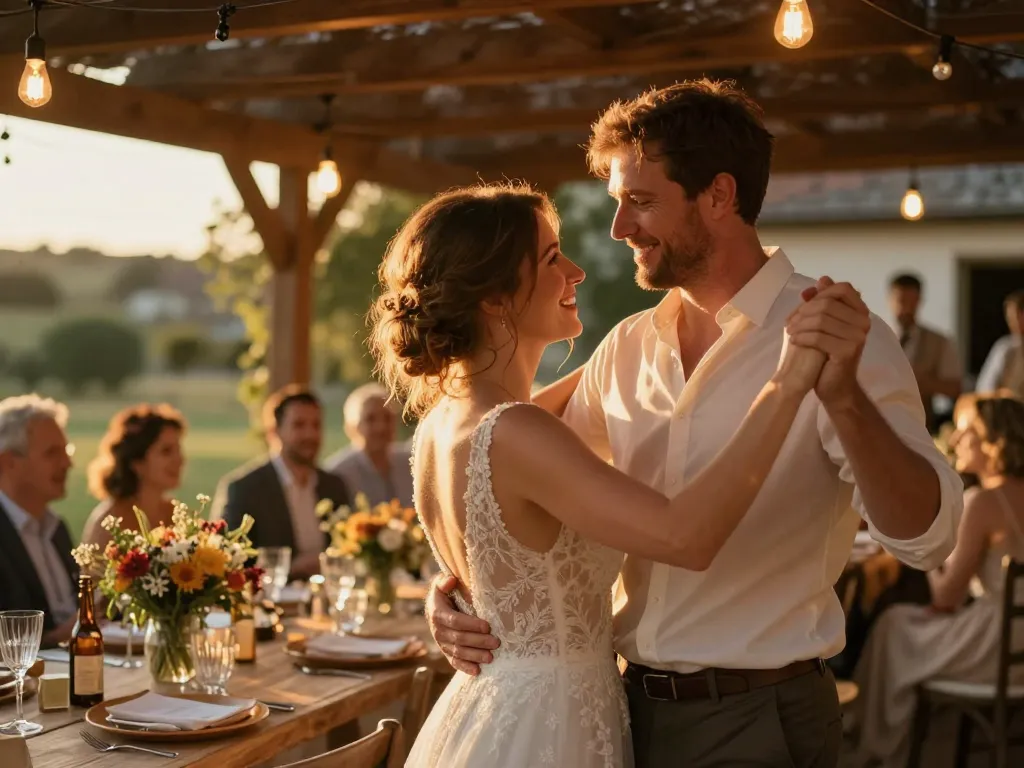 Couple de mariés célébrant leur union dans un décor champêtre aux nuances terre de sienne et guirlandes guinguette.