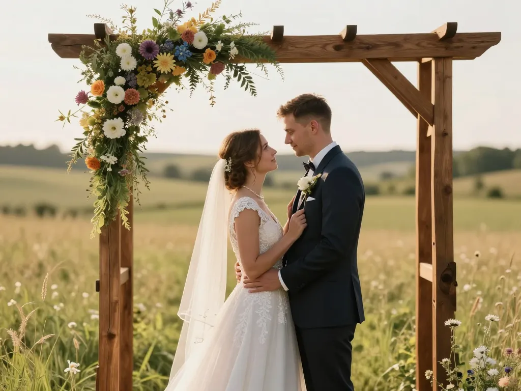 Couple de mariés s'enlaçant tendrement devant une arche décorée de fleurs des champs au coucher du soleil.