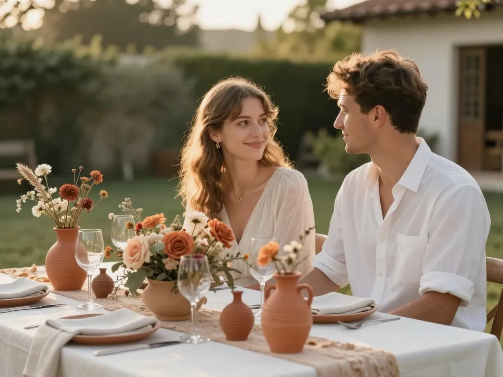 Décoration de table de mariage champêtre aux nuances terracotta avec un couple élégant dans un décor naturel et fleuri.