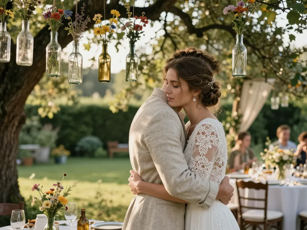 Couple de mariés s'enlaçant tendrement dans un jardin bohème décoré de bouteilles en verre suspendues et de fleurs champêtres sous une lumière dorée.