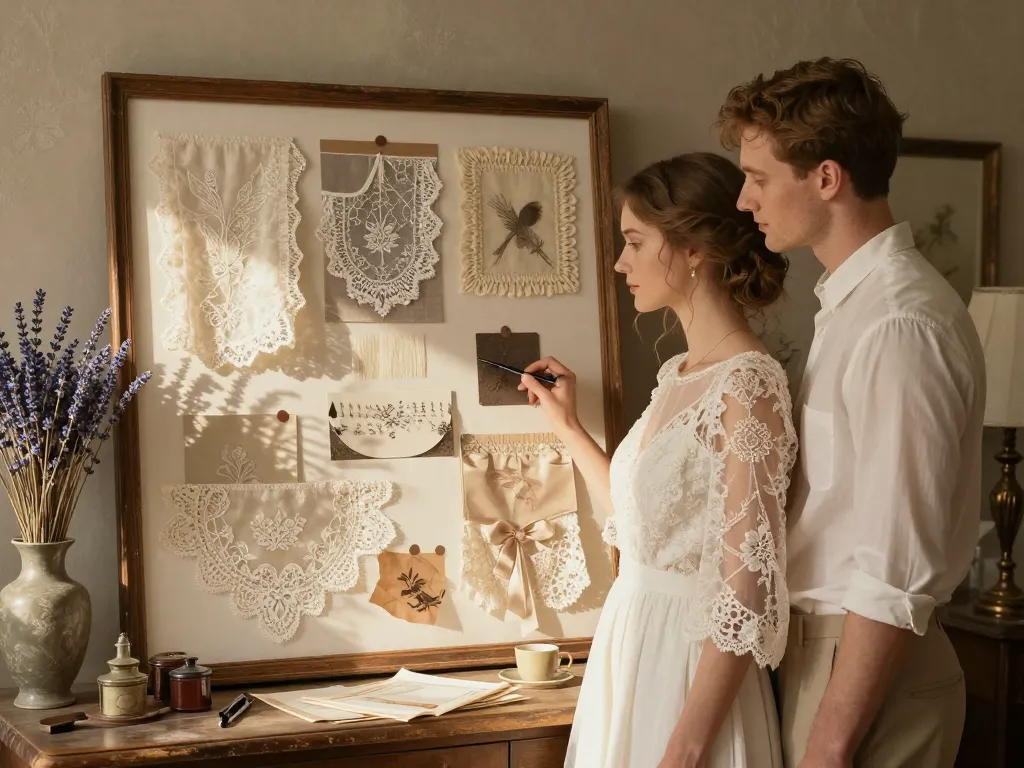 Composition de mariage rustique avec dentelle délicate, fleurs séchées et bois brut pour une ambiance vintage.