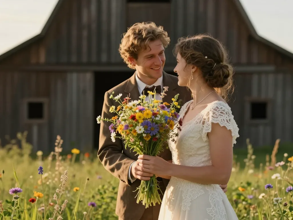 Mariés complices tenant un bouquet de fleurs des champs dans une prairie ensoleillée pour un mariage rustique.