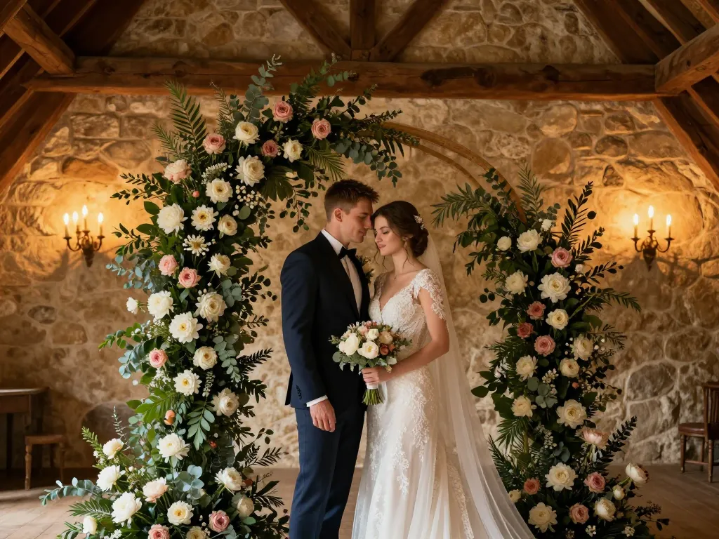 Mariés élégants devant une arche de fleurs de saison dans une grange centenaire au décor champêtre et chic.