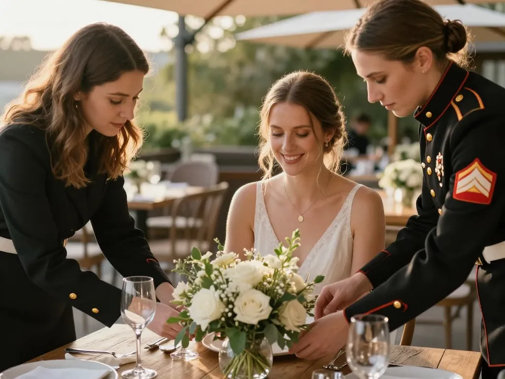 Marine et son équipe de création mettant en place une décoration florale élégante pour un vin d'honneur de mariage en plein air.