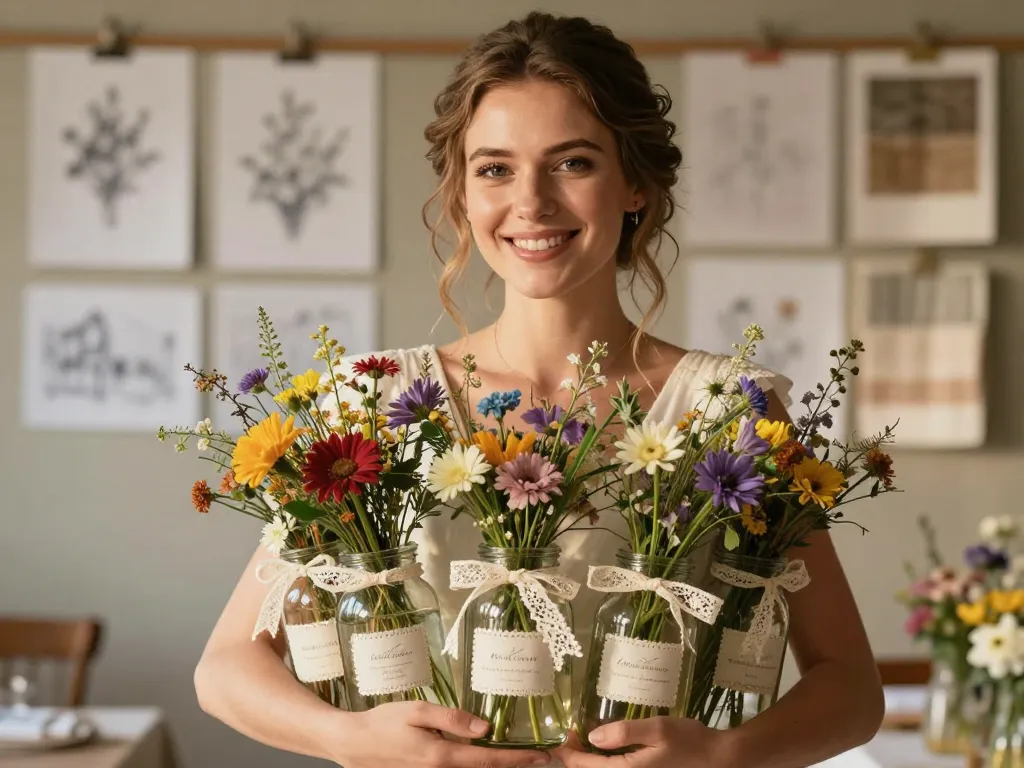 Une jeune femme souriante tenant des bocaux en verre décorés de dentelle et de fleurs de saison pour une décoration de mariage champêtre.