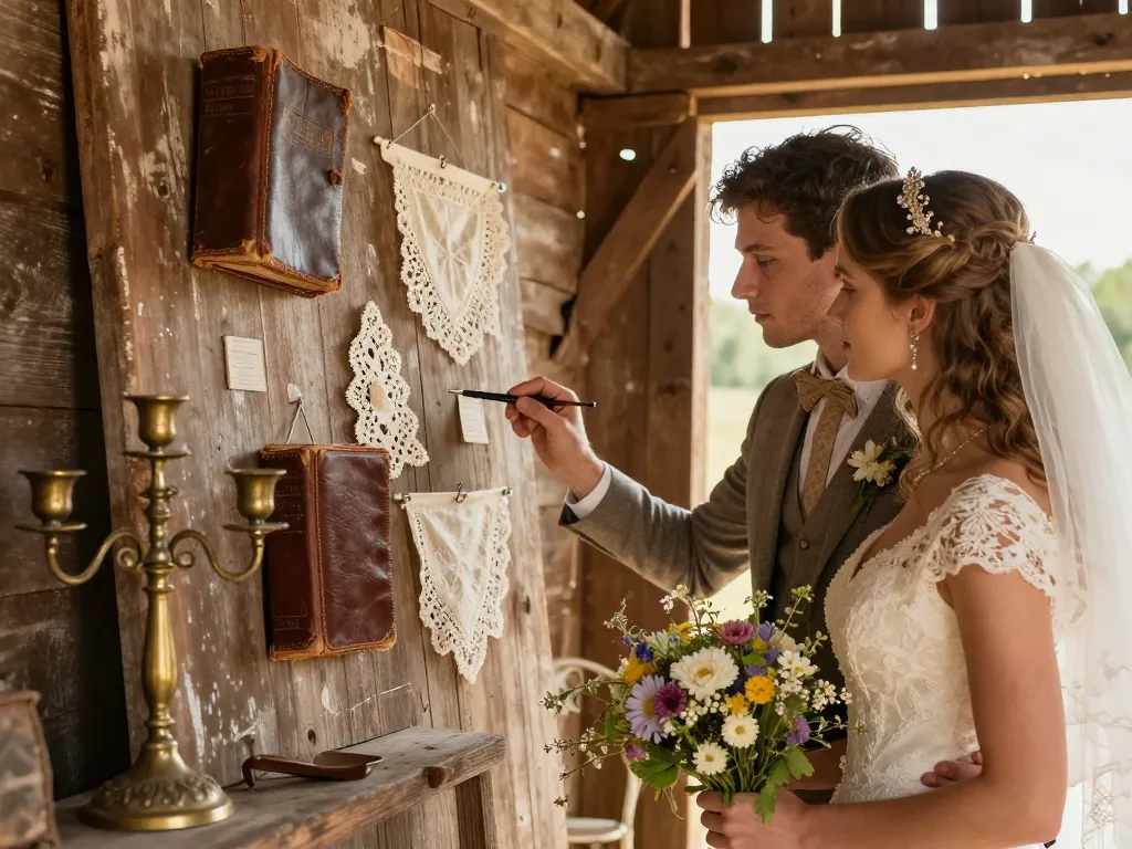 Couple de futurs mariés s'inspirant d'un moodboard composé d'objets de brocante et de dentelle pour une décoration de mariage rustique.