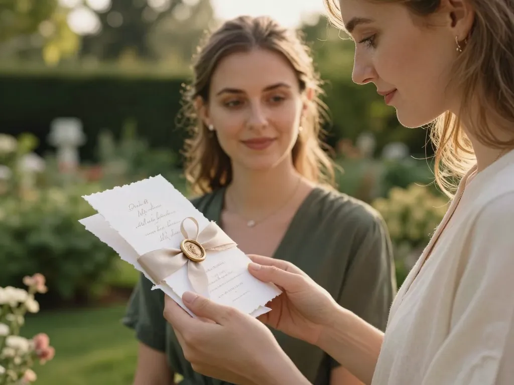 Gros plan sur de la papeterie de mariage artisanale avec des invitations à bords déchirés et des sceaux de cire sur une table décorée.