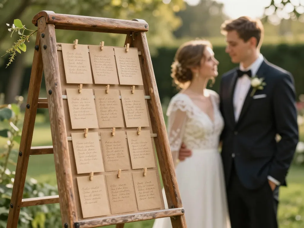 Scénographie d'un plan de table de mariage champêtre sur une échelle ancienne en bois avec des fleurs et un couple élégant.
