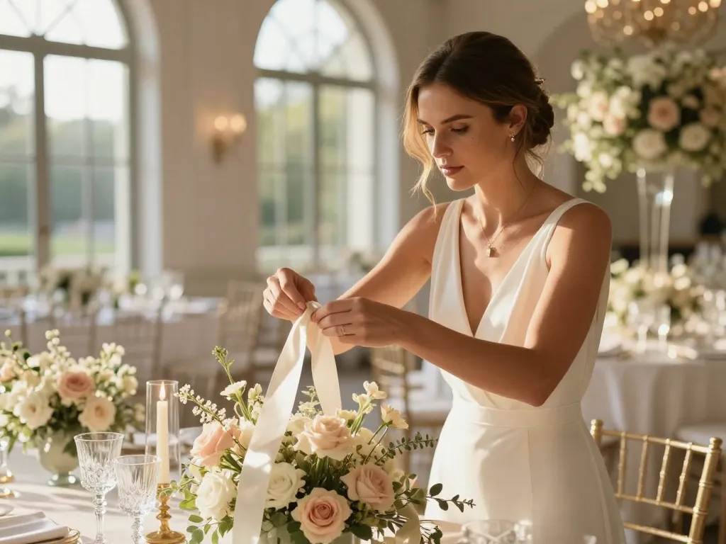 Portrait de Chloé, décoratrice professionnelle, ajustant avec soin une composition florale sur une table de réception élégamment dressée.