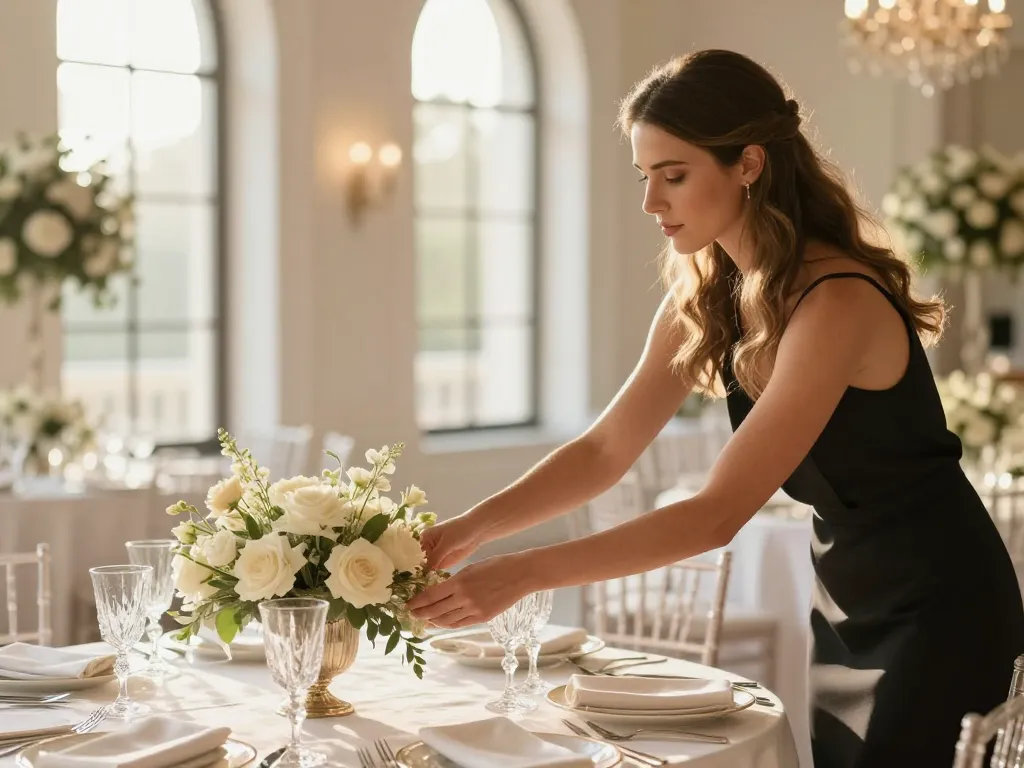 Portrait de Léa mettant en place la décoration florale finale sur une table de mariage prestigieuse.