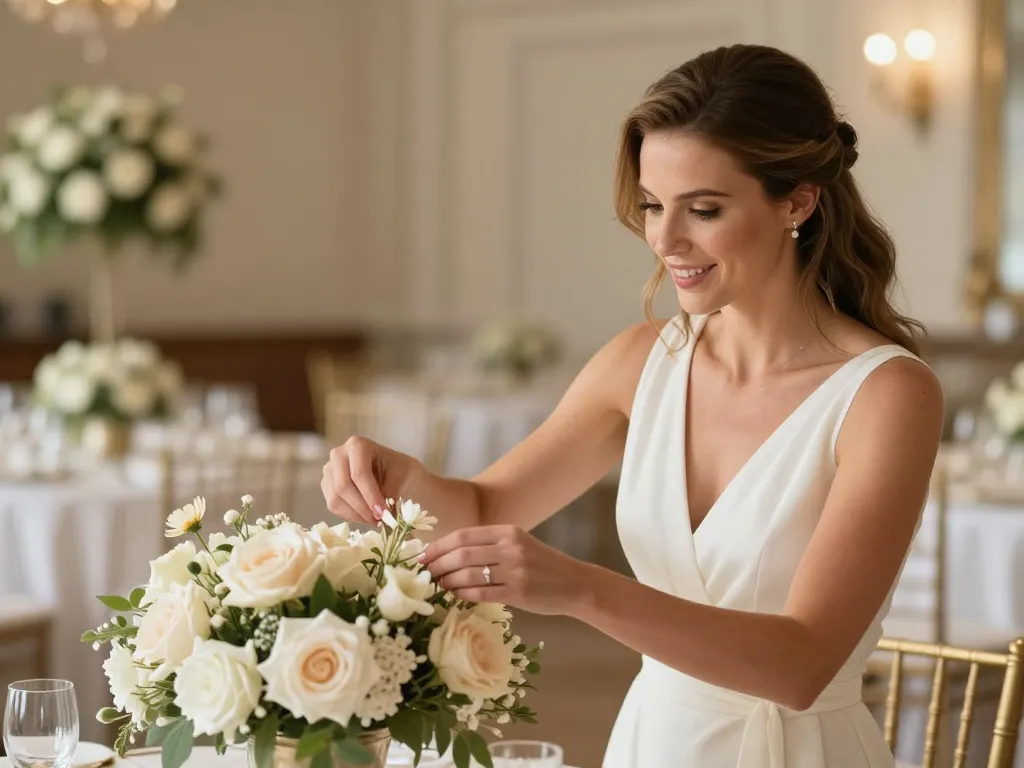 Portrait de Manon, décoratrice professionnelle, ajustant avec précision une composition florale pour une réception de mariage élégante.