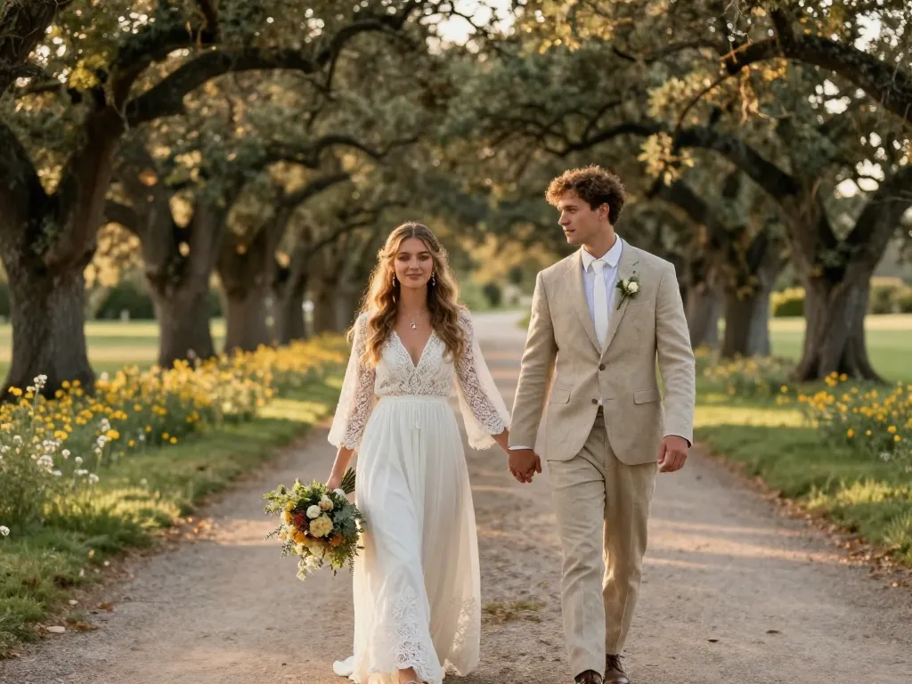 Jeune couple de mariés souriants marchant main dans la main dans l'allée fleurie d'un domaine pour un mariage champêtre.