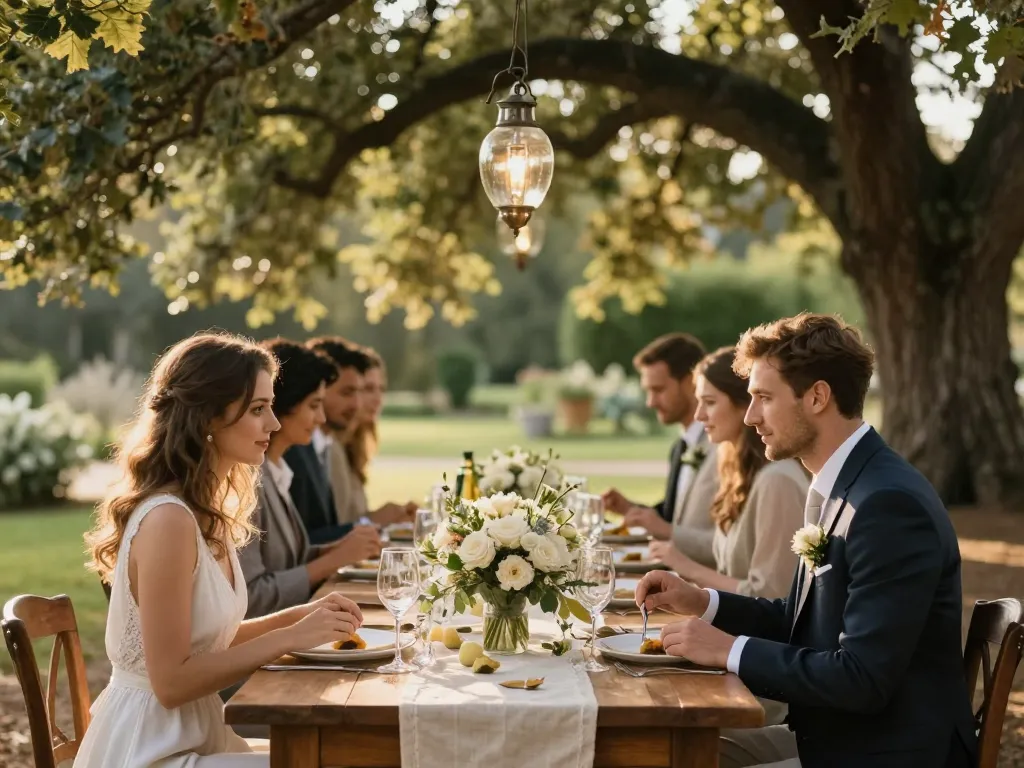 Réception de mariage élégante et champêtre sous de grands chênes avec une décoration de table raffinée et des invités qui célèbrent.