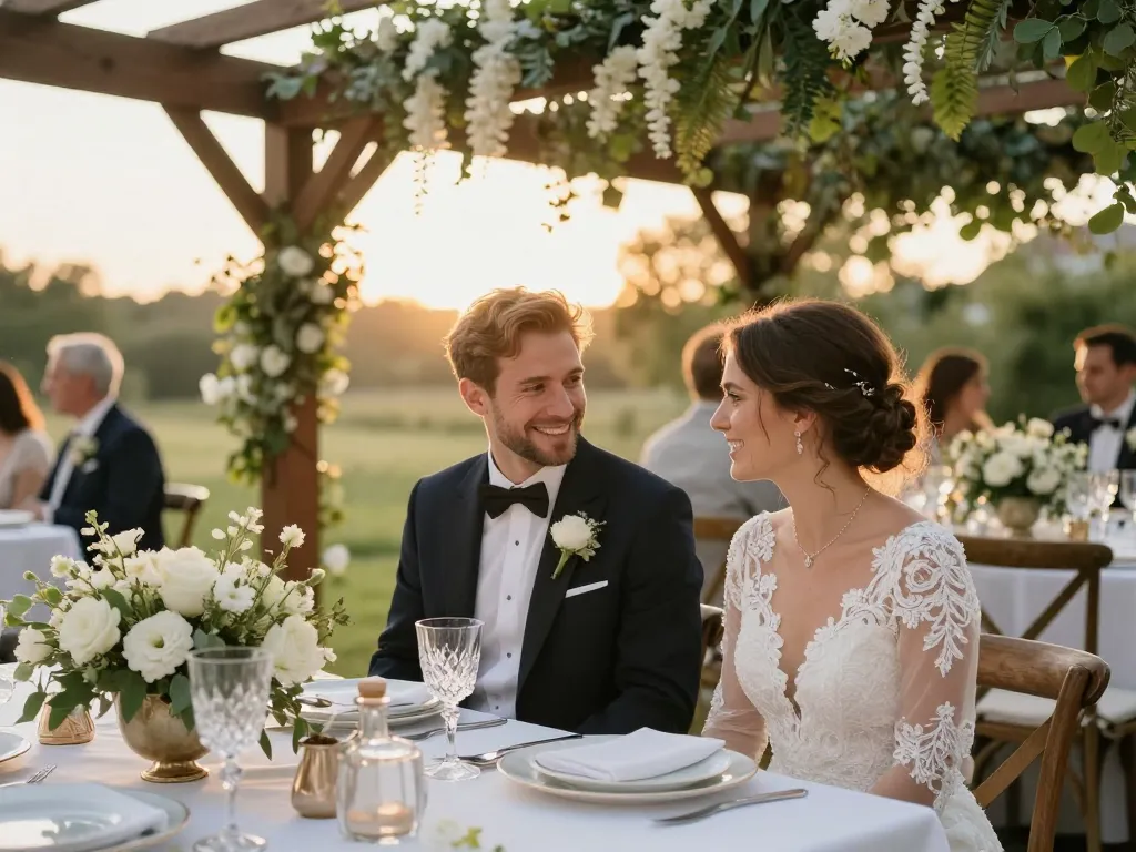 Réception de mariage champêtre de luxe avec un couple de mariés attablé devant une décoration florale élégante sous une lumière dorée de fin de journée.