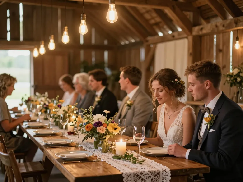 Réception de mariage intime dans une grange rénovée avec décoration rustique, guirlandes lumineuses et table fleurie.