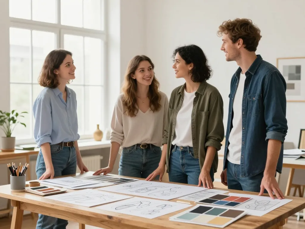 Scénographes de mariage présentant des projets de décoration à un couple dans un atelier lumineux et créatif.