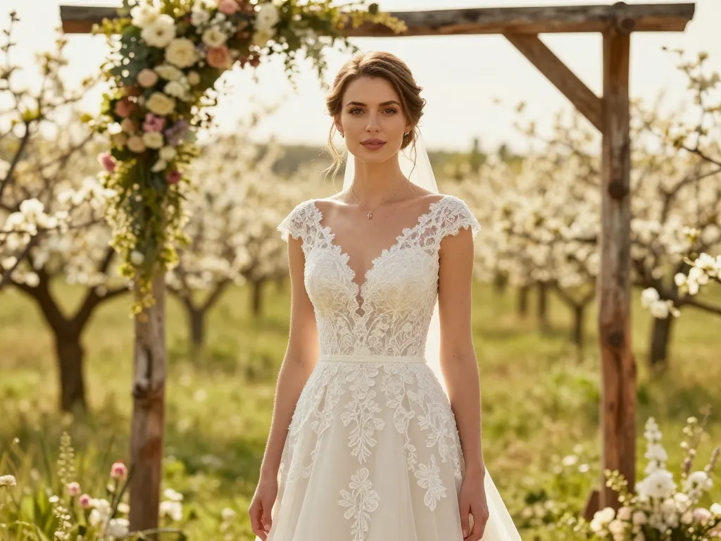 Mariée élégante en robe de dentelle fine devant une arche de fleurs sauvages dans une prairie ensoleillée.