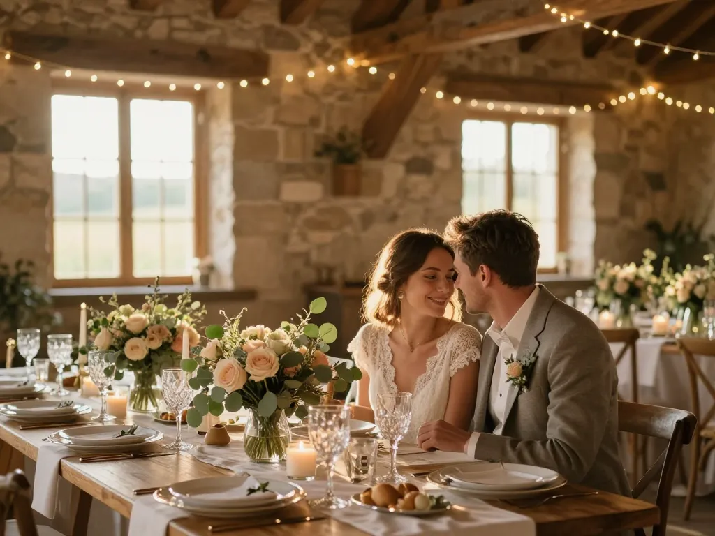 Décoration de mariage champêtre raffinée avec table de banquet fleurie et couple de mariés dans une grange élégante.