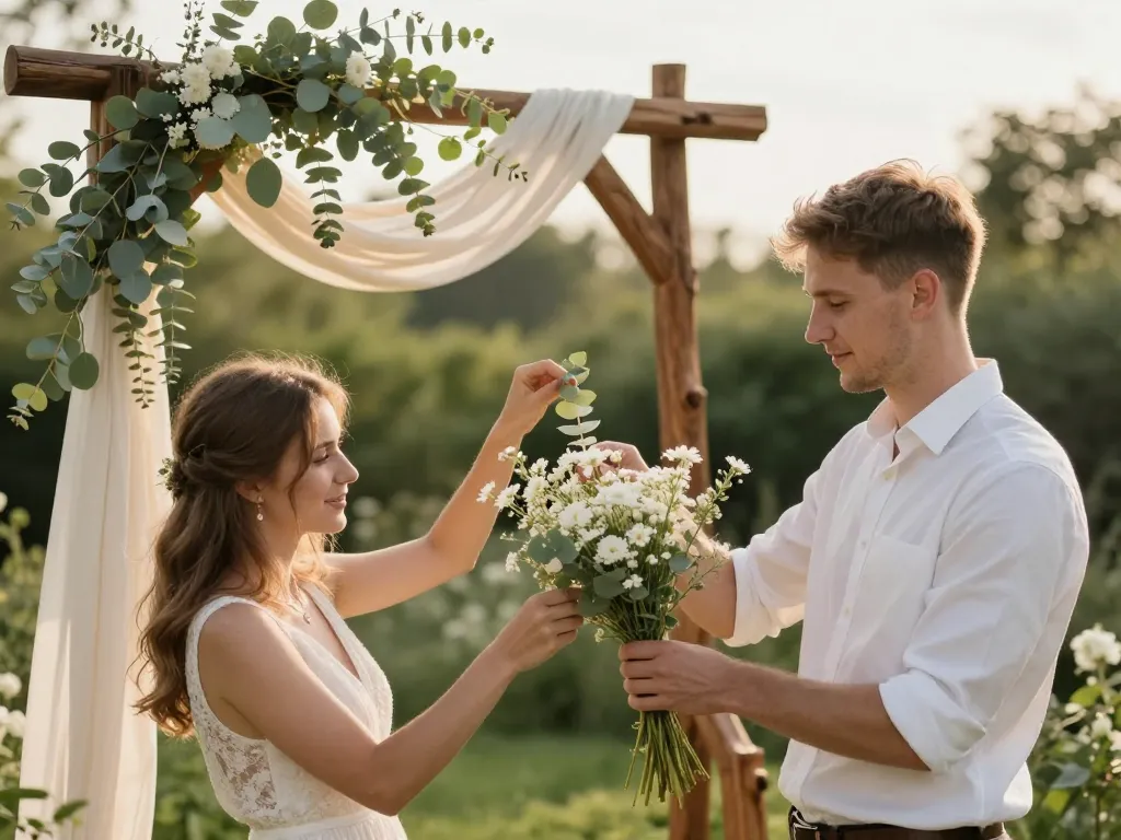 Couple créant une décoration d'autel naturel avec du bois et des fleurs pour une cérémonie laïque en plein air.
