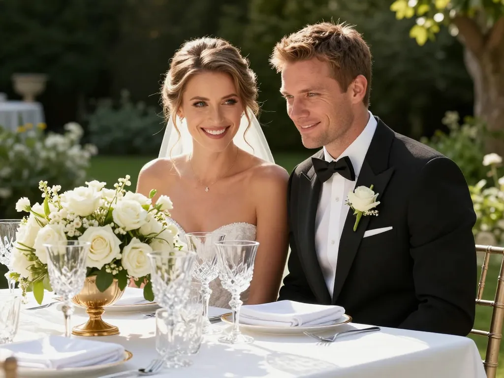 Un couple de mariés élégants admirant une décoration de table de mariage luxueuse avec des fleurs blanches dans un jardin.