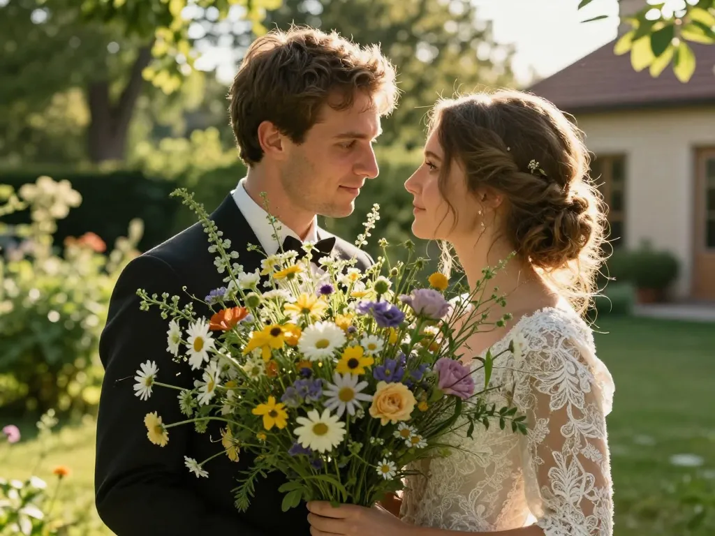 Couple de jeunes mariés souriants au cœur d'un décor floral luxuriant et champêtre lors d'une réception au domaine.