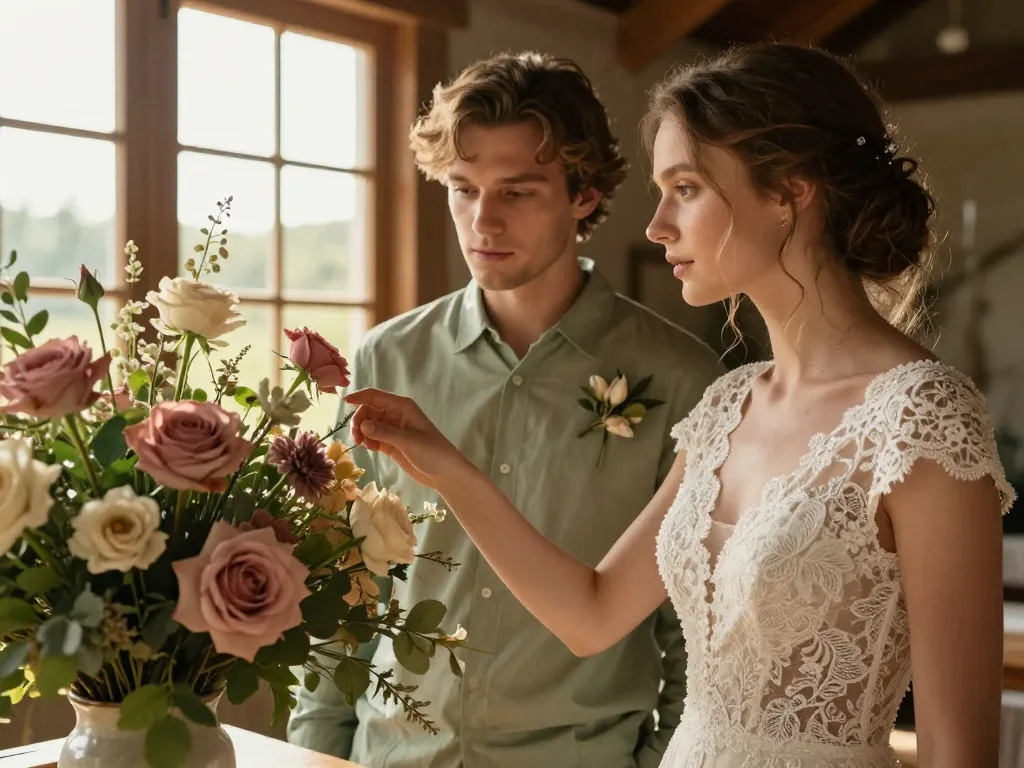Un couple romantique admire une composition florale aux tons pastel et naturels dans une grange élégamment décorée pour un mariage champêtre.