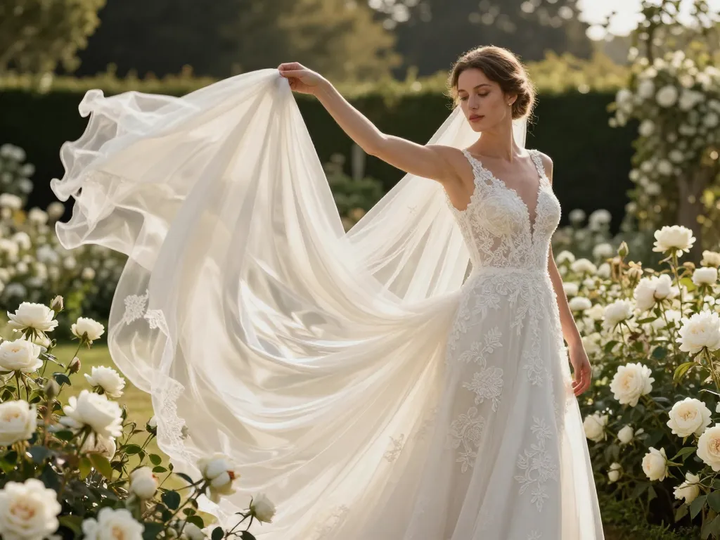 Mariée élégante manipulant un voilage en soie devant une arche de fleurs fraîches lors d'une réception de mariage haut de gamme.