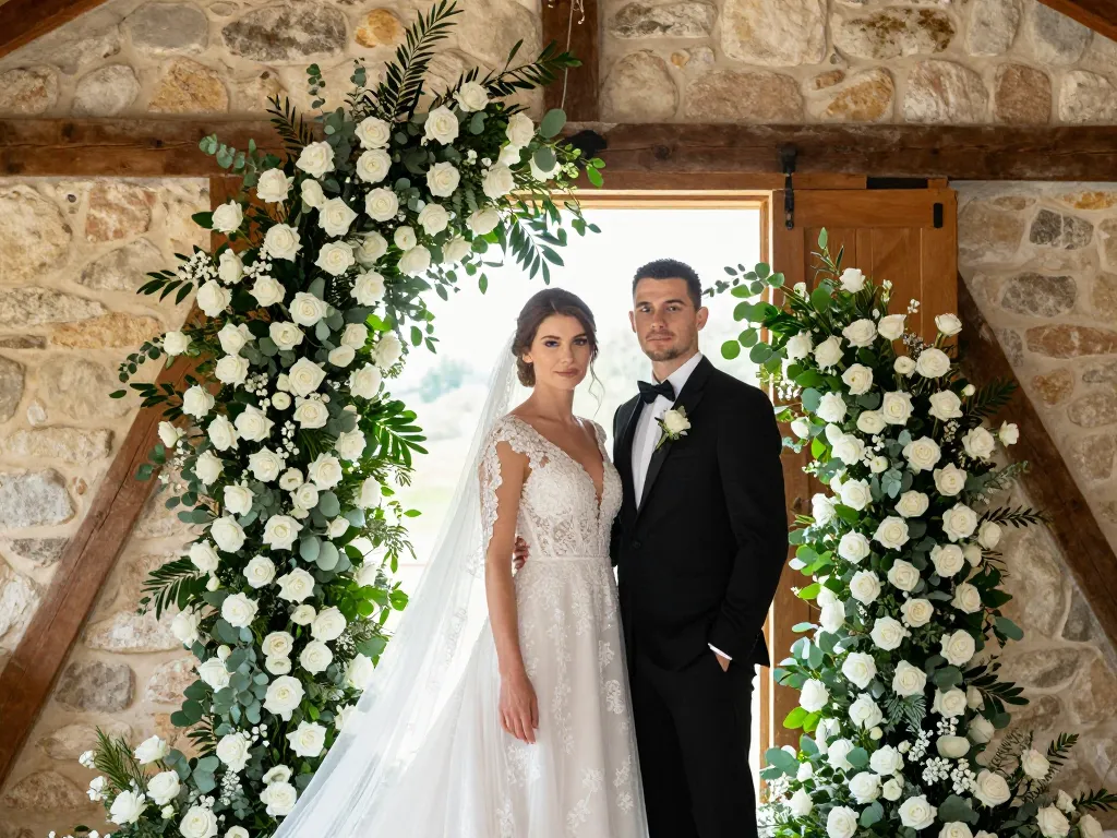 Scénographie florale de mariage avec arche de roses blanches et mariés dans une grange de domaine.