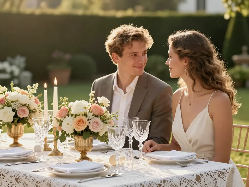 Table de mariage élégamment décorée avec des fleurs et de la cristallerie fine lors d'une réception en plein air.