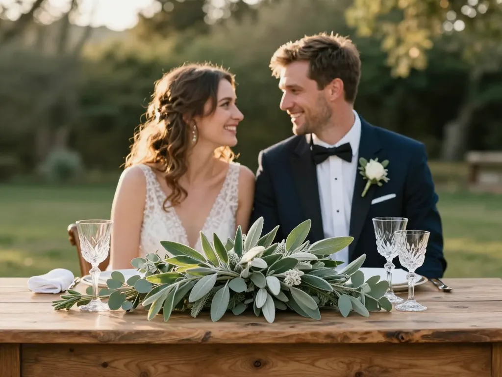 Décoration de mariage authentique avec une table en bois brut ornée de feuillage de sauge et d'eucalyptus avec un couple souriant en arrière-plan.