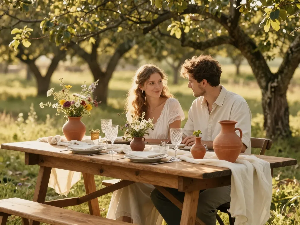 Décoration de mariage champêtre avec table en bois brut, vases en terre cuite et chemins de table en gaze de coton sous une lumière dorée.