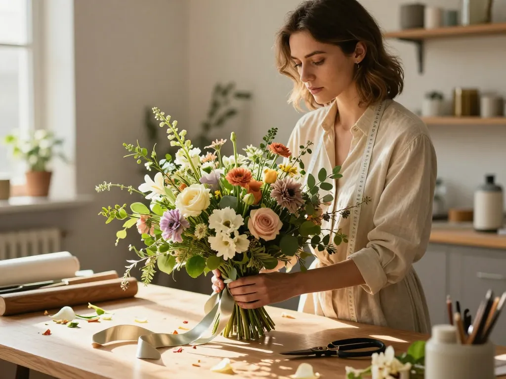 Décoratrice de mariage composant un bouquet de fleurs fraîches de style jardin sur une table en chêne avec des rubans en soie.