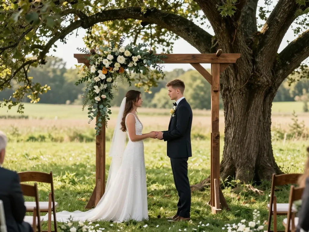 Décoration de cérémonie de mariage champêtre en plein air avec une arche fleurie en bois et des chaises d'invités dans une prairie.