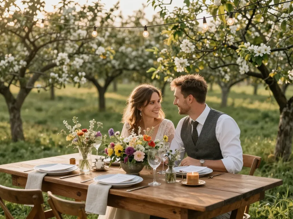 Ambiance de mariage champêtre avec un couple élégant et une décoration de table naturelle en plein air.