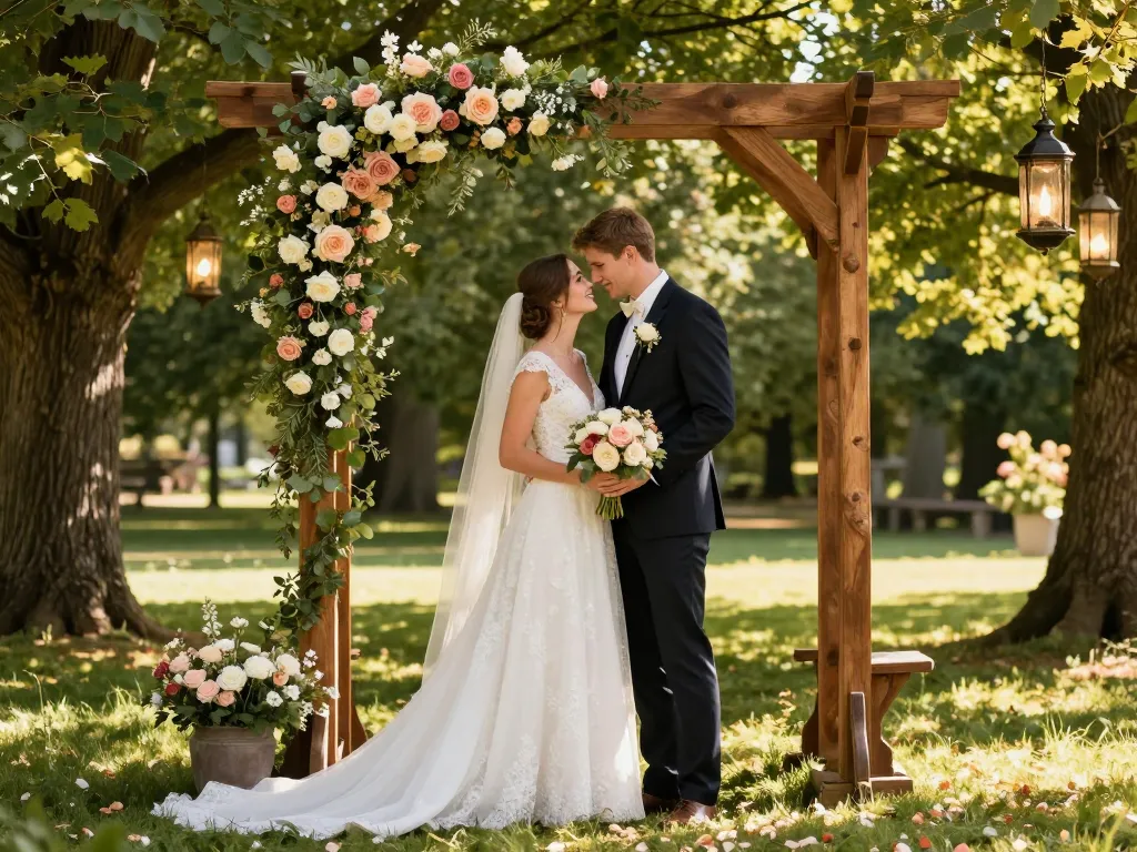 Couple de mariés devant une arche fleurie lors d'une cérémonie de mariage champêtre au cœur d'un domaine.