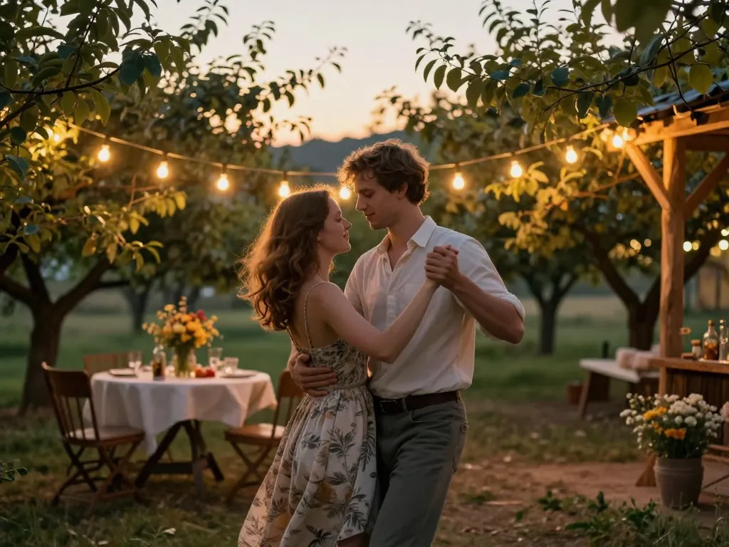 Un couple de mariés souriants danse sous des guirlandes lumineuses dans un jardin décoré pour une réception champêtre.