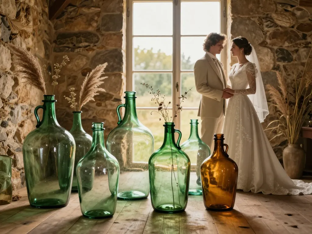 Décoration de mariage vintage avec des dames-jeannes en verre coloré, fleurs séchées et un couple de mariés dans une grange élégante.