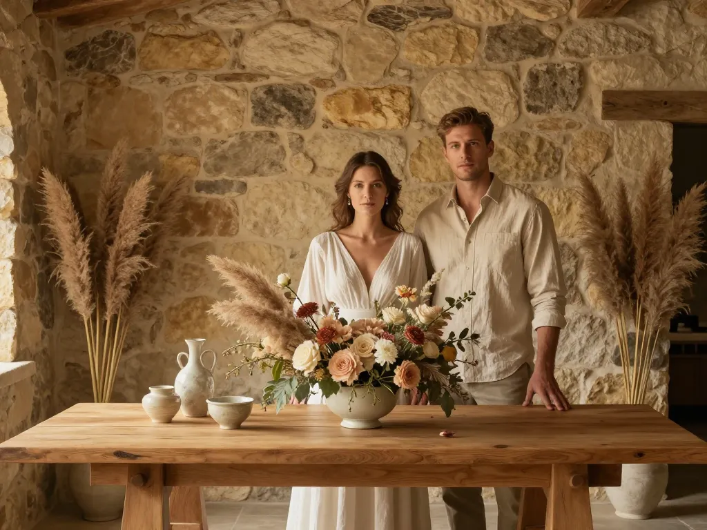 Scénographie de mariage élégante mettant en avant une table en bois brut et des compositions florales raffinées dans un cadre authentique.