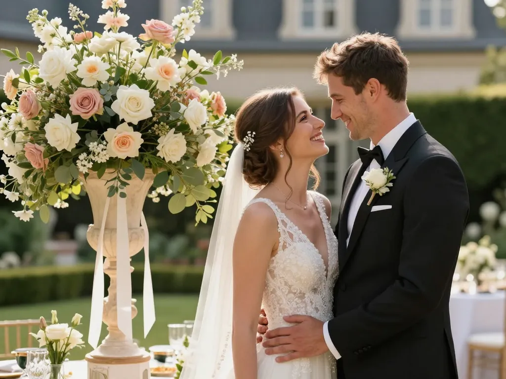 Mariés partageant un moment d'émotion intense devant une décoration florale de prestige dans un jardin de château.