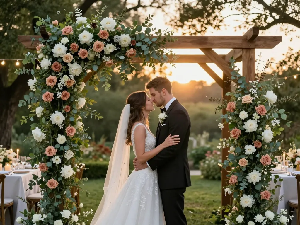 Couple de mariés complice sous une arche florale romantique lors d'une réception de mariage en plein air au coucher du soleil.