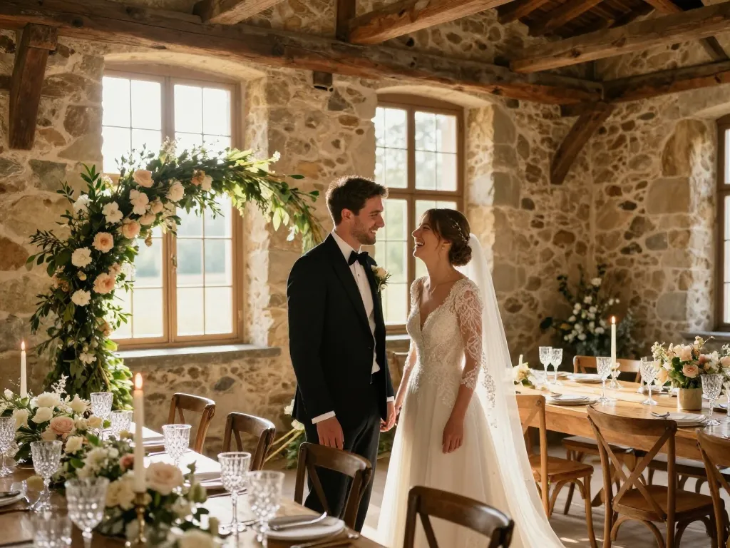 Mariés complices dans une grange authentique avec une décoration florale élégante et des tables de banquet raffinées.