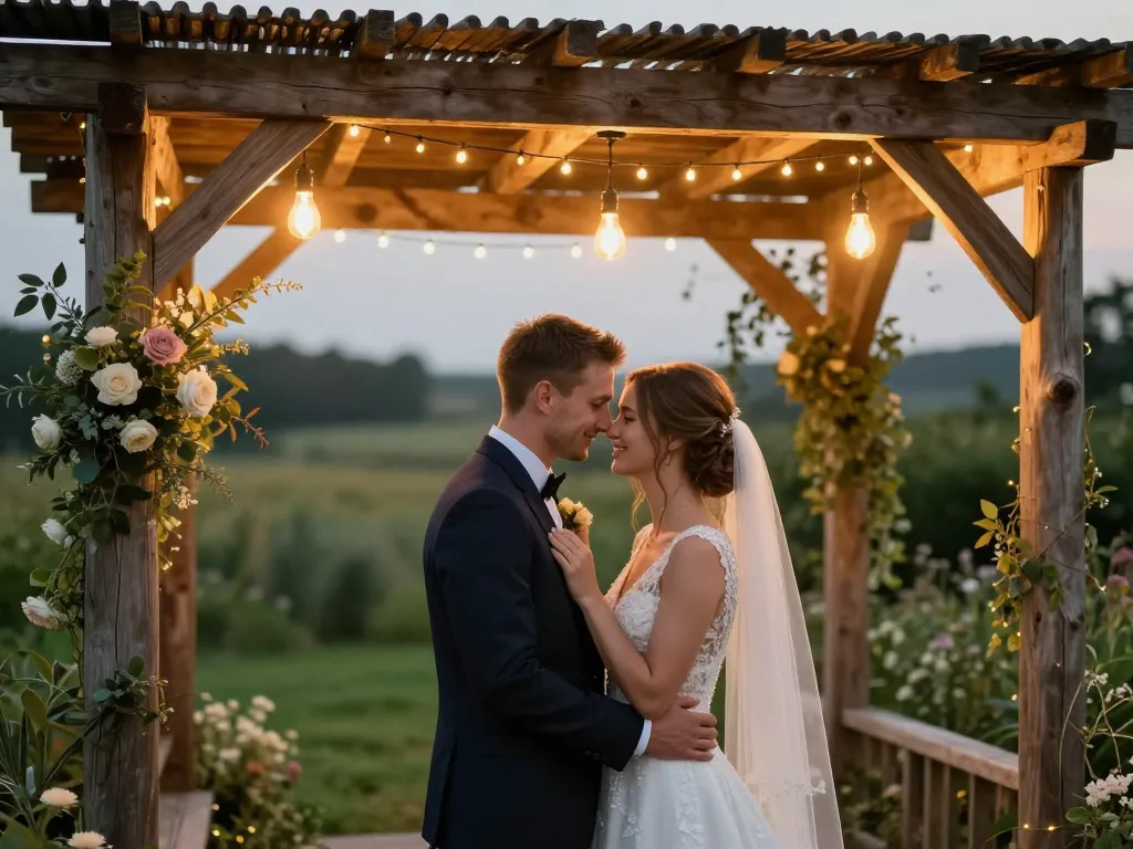 Mariés partageant un moment complice sous une scénographie de lumières suspendues et de fleurs séchées dans un jardin rustique.