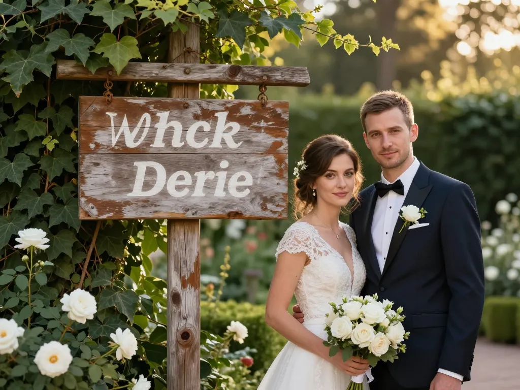 Couple élégant se tenant à côté d'un panneau de signalisation en bois vintage orné de fleurs et de lierre dans un jardin ensoleillé.