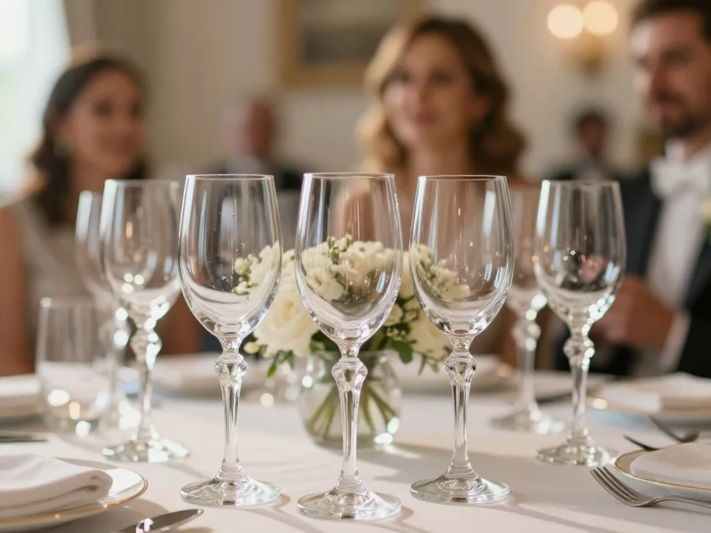 Mise en scène raffinée d'une table de mariage avec des verres en cristal étincelants et une décoration florale élégante.