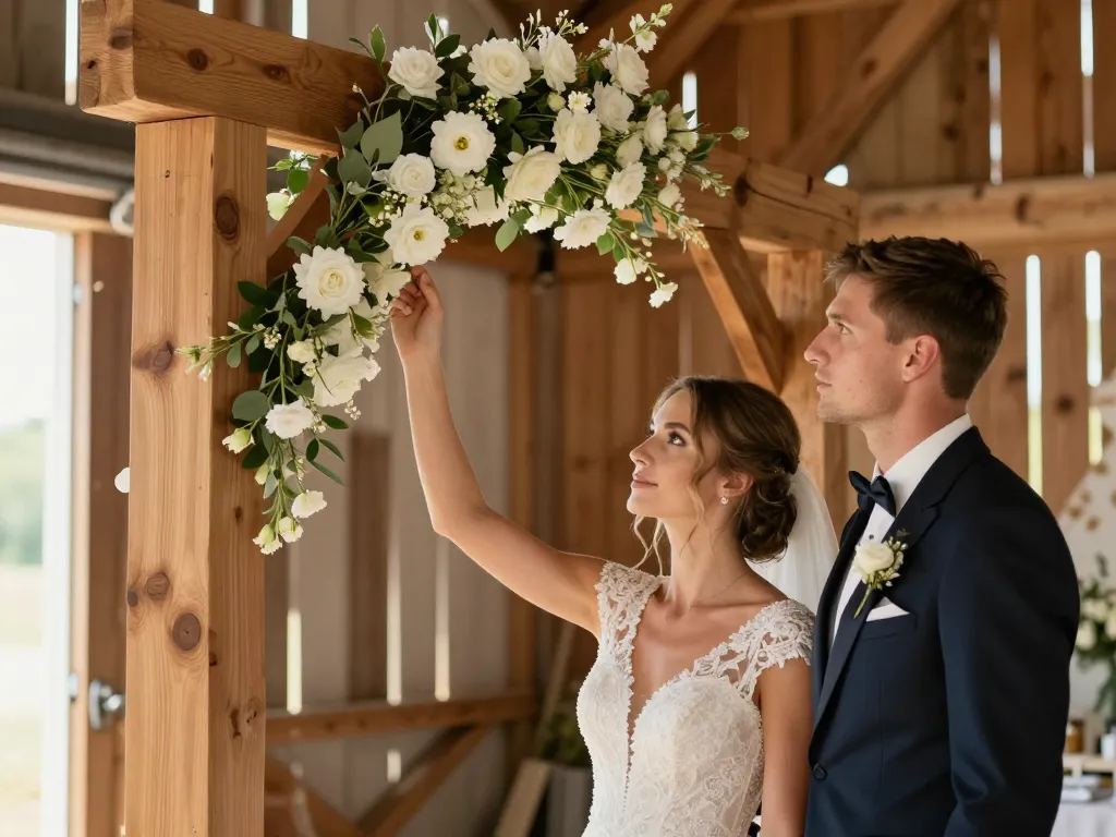 Un couple de futurs mariés admirant une arche de mariage monumentale en bois brut ornée de fleurs blanches dans une salle de réception au style industriel chic.